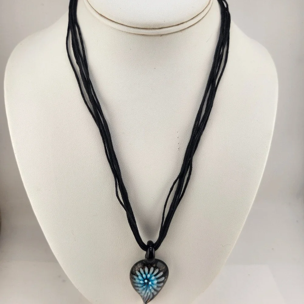 Handmade‎ Glass Pendant Necklace Blue Flower Black Cord